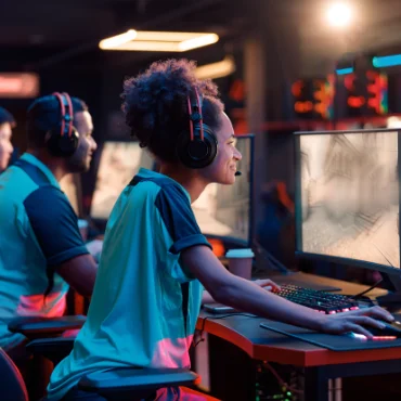 A vibrant shot of a gaming den with colorful lighting, showcasing enthusiastic gamers engrossed in a heated match.